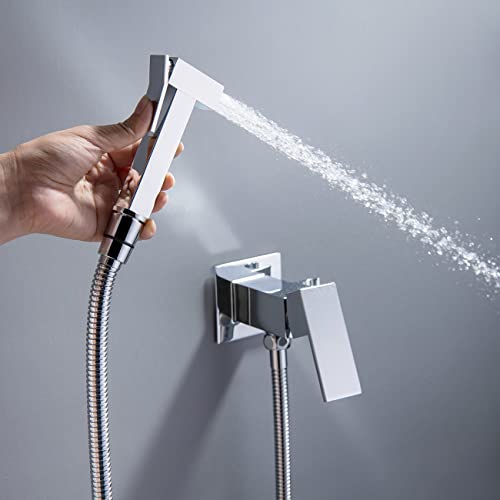 Handheld Bidet Sprayer Head Hot and Cold Mixing Kit Set Chrome Brass | Warm Water Value Mixer, Modern Square Design, Concealed Bidet Hand Held Sprayer Shattaf Bathroom Attachment For Toilet - color: Chrome