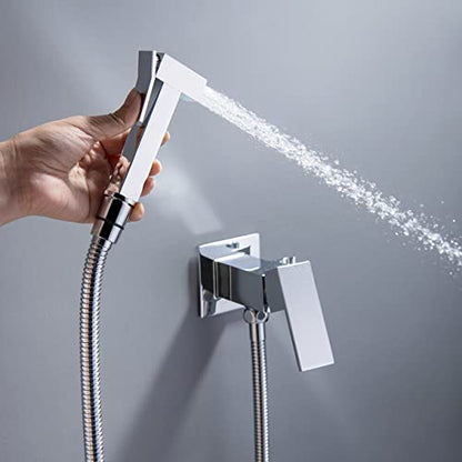 Handheld Bidet Sprayer Head Hot and Cold Mixing Kit Set Chrome Brass | Warm Water Value Mixer, Modern Square Design, Concealed Bidet Hand Held Sprayer Shattaf Bathroom Attachment For Toilet - color: Chrome