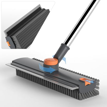 Floor Scrub Brush with Long Handle, 3 in 1 Scrape and Heavy-Duty Stiff Bristle Floor Scrubber Brush Broom with Squeegee and Tweezer for Cleaning Grey - color: Gray