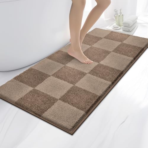 Bathroom Rugs, 24" x 60" Soft Bath Rugs, Checkered Grayish Brown & Coffee | Non-Slip, Super Absorbent, Machine Washable, Quick Dry, Bath Mats for Shower and Bathtub, TPR Backing - color: Checkered-grayish Brown & Coffee, size: 24" X 60"