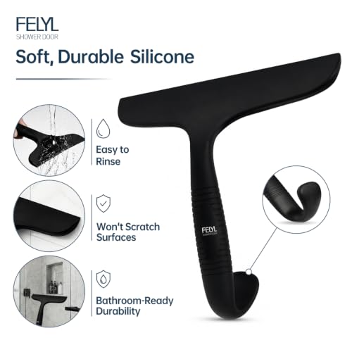 Shower Squeegee for Glass Doors Silicone Black Squeegee with Built-in Hook for Mirror, Window, Tile Wall & Car, All-in-One
