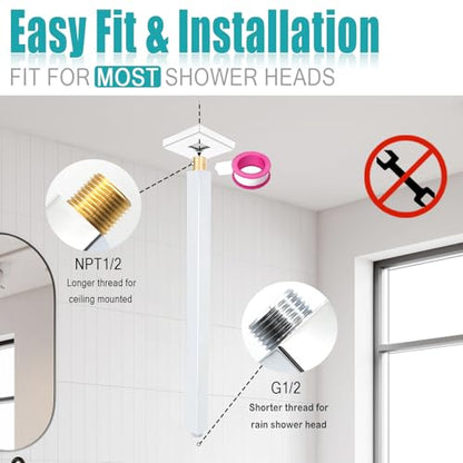 Chrome Shower Arm with Flange and Teflon Tape for High Ceiling or Fixed Rain Showerhead, Universal Connection 16-inch Square Straight Shower Head Extender Extension Pipe, 304 Stainless Steel - color: Chrome, style: 16inch