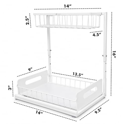 Height Adjustable 2-Tier Under Sink Organizer with 3 Hooks – Kitchen Sink Cabinet Storage Rack, Expandable Sink Caddy for Kitchen, Bathroom & Pantry (White) - color: White