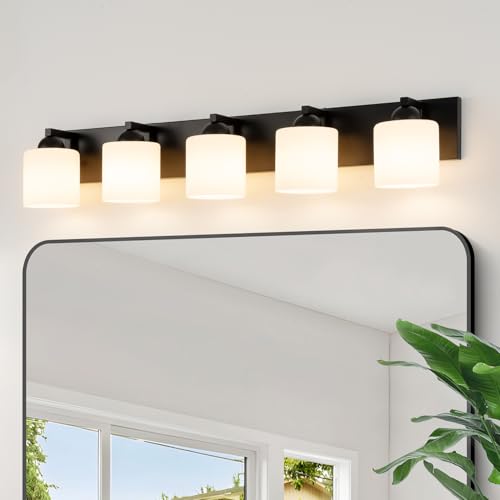 mirrea 5-Light Black Bathroom Vanity Light with White Glass Shades | Over Mirror,Wall Sconce,ETL listed,Bathroom Lighting Fixtures,Elegant Design,Milk White Glass Shade,Easy Installation - color: Black, size: 5-light