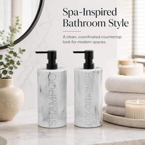 Marble Resin 2 Piece Shampoo and Conditioner Dispenser Set, Luxurious Refillable Pump Bottles with Matte Pump Top and Embossed Text, Durable Design for Bathroom and Shower - color: 2pack Marble Shampoo and Conditioner Set