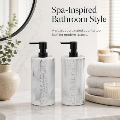 Marble Resin 2 Piece Shampoo and Conditioner Dispenser Set, Luxurious Refillable Pump Bottles with Matte Pump Top and Embossed Text, Durable Design for Bathroom and Shower - color: 2pack Marble Shampoo and Conditioner Set