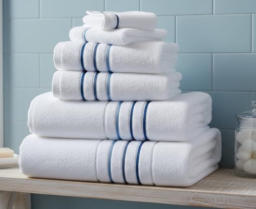 Bath Towels Set for Bathroom – Luxury 6-Piece Cotton Towels, Soft Absorbent & Quick Dry, 600 GSM Bath Towels for Bathroom, Hotel Spa Quality (White/Blue Azure, 6- Bath Towel Set) - color: White/Blue Azure