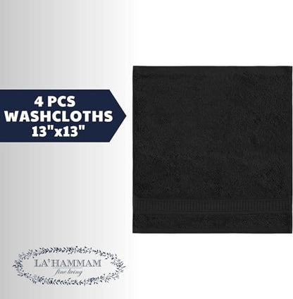 LA' HAM MAM FINE LIVING Luxury Turkish Cotton Towels Easy Care, Extra Soft & Absorbent, Hotel & Spa Quality, Kitchen & Bathroom Turkish Towels (Washcloth Set - 4 Pack, Black) - color: Black, size: Washcloth Set - 4 pack