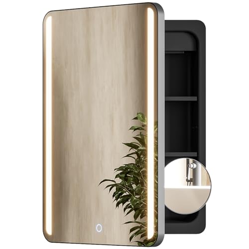 18x26 Inch LED Lighted Medicine Cabinet with Mirror for Bathroom, Wall Mounted or Recessed Mirror Cabinet with 3X Magnifying Mirror, Adjustable Storage Shelves, Modern Design - color: Lighted, size: 18" x 26"
