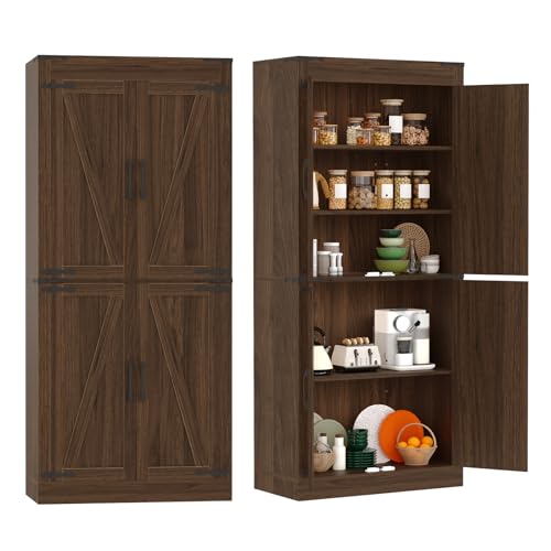GarveeHome 71 in Tall Farmhouse Kitchen Pantry Storage Cabinet with 4 Barn Doors and Adjustable Shelves, Freestanding Rustic Wood Cupboard Storage Cabinets for Kitchen, Dining Room, Bathroom, Brown