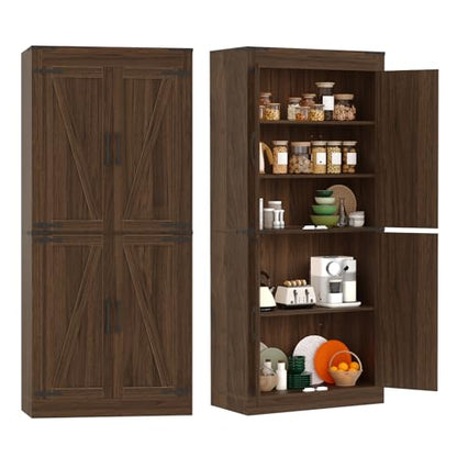GarveeHome 71 in Tall Farmhouse Kitchen Pantry Storage Cabinet with 4 Barn Doors and Adjustable Shelves, Freestanding Rustic Wood Cupboard Storage Cabinets for Kitchen, Dining Room, Bathroom, Brown