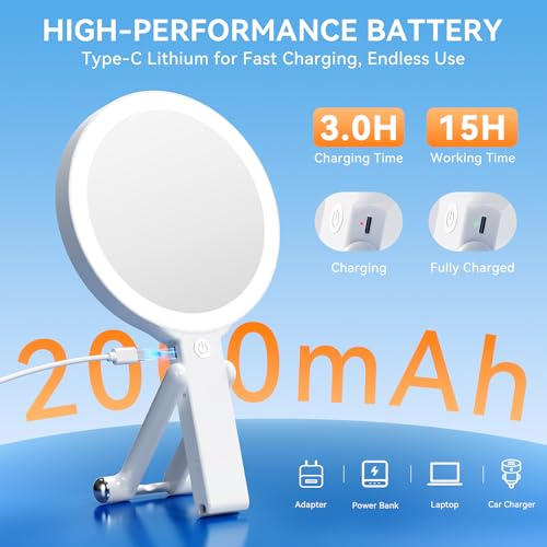 Auxmir 30X/1X Magnifying Travel Makeup Mirror with Lights, 3-Color Dimmable | 56 LEDs, 3 color modes, stepless dimming, dual-side touch control, 2000mAh rechargeable, 3-in-1 tabletop, handheld or hanging