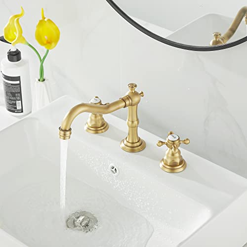 2 Handles 3 Holes Faucet Widespread Bathroom Sink Faucet Antique Brass Basin Tap Mixer Supply Hose Included Matching Metal Pop Up Drain - color: Antique Brass, style: Ceramic Cover