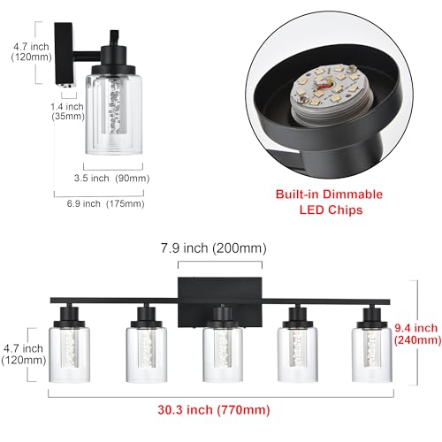 MELUCEE LED Bathroom Vanity Light 5-Light Dimmable Bathroom Light Bar | 5CCT 3000K-6000K Modern Black Vanity Lighting Fixtures with Crystal Bubble Clear Glass Shade, Built-In LED Chips - color: Black, size: LED-5 Lights