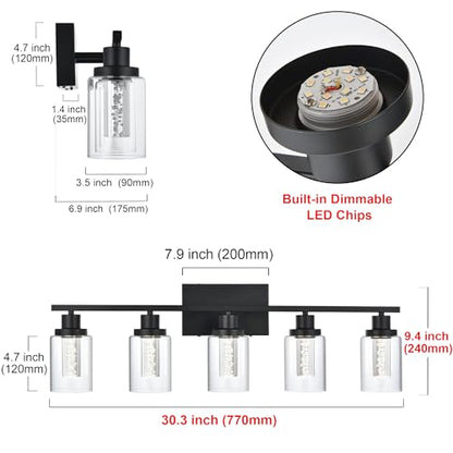 MELUCEE LED Bathroom Vanity Light 5-Light Dimmable Bathroom Light Bar | 5CCT 3000K-6000K Modern Black Vanity Lighting Fixtures with Crystal Bubble Clear Glass Shade, Built-In LED Chips - color: Black, size: LED-5 Lights