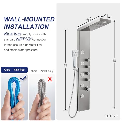 ROVATE 4-in-1 Rainfall Waterfall Shower Panel Tower System, Brushed Finish | Shower Column with Body Massage Jets and Handheld, Stainless Steel High Pressure, Use Multiple Functions Simultaneously - color: Brushed Finish
