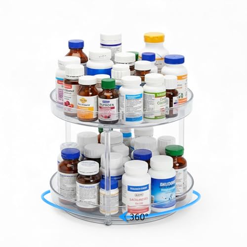 Lazy Susan 2-Tier Medicine Cabinet Organizer, Clear Plastic Spinning Spice Organization for Cabinet, Rotatable Makeup Organizer Countertop for Bathroom Vanity, Kitchen Pantry & Small Spaces Storage