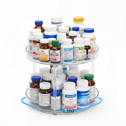 Lazy Susan 2-Tier Medicine Cabinet Organizer, Clear Plastic Spinning Spice Organization for Cabinet, Rotatable Makeup Organizer Countertop for Bathroom Vanity, Kitchen Pantry & Small Spaces Storage