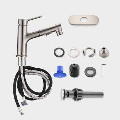 Bathroom Sink Faucet with Pull Out Sprayer, Single Handle Modern Bathroom Basin Faucet with Pop-up Sink Drain Stopper & Deck Plate 1 or 4-inch Centerset 3 Hole, Brushed Nickel - color: Brushed Nickel