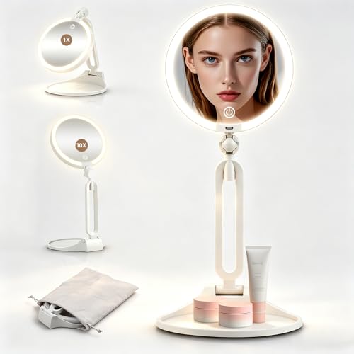 10X/1X Makeup Magnifying Mirror with Lights, 6inch Double-Sided LED Mirror | 360° Rotation Folding Bracket, 3 Color Dimmable Lights, Rechargeable 1500mAh Battery, Desktop 1X/10X Travel Magnifying Mirror - color: [10x]white