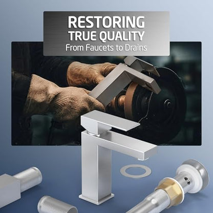 KES Bathroom Faucet Single Hole & Bathroom Sink Drain with Overflow, cUPC Certified Vanity Faucet Brushed Stainless Steel, L3156ALFF12-BS-C1 - color: Brushed Steel, style: w/ Drain (WITH Overflow) - Short Faucet