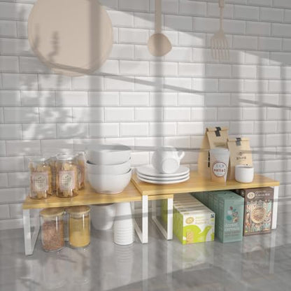 NEX Kitchen Cabinet and Counter Shelf Organizer, Stackable & Expandable, Set of 4, White and Natural - 7.7 x 15.6 x 6.2'' | Stackable Expandable Spice Rack, Space-Saving Pantry Organizers Bathroom Countertop Storage, White and Natural - color: Cloud White