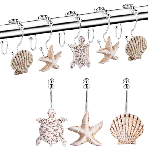 Double Shower Curtain Hooks,12Pcs Seashell Decorative Shower Curtain Rings | Double Seashells Decorative Shower Curtain Hooks Rings Resin Nautical Bathroom Decoration Beach Hooks