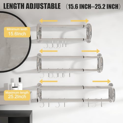 Adjustable Bathroom Towel Rack with Shelf, Towel Bar, Chrome | 15-25 Inch Lavatory Double Towel Bar, Hotel Style Rod with 4 Hooks, Multifunction Towel Holder Wall Mount, Stainless Steel - color: Chrome