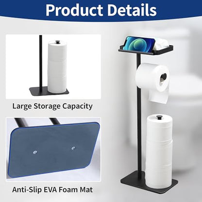 Toilet Paper Holder Stand with Phone Shelf, Rustproof Free Standing Toilet Paper Stand for 4 Rolls, Toilet Roll Dispenser Storages for Phones, Wipe, Wallet and Small Items, Black - color: Black