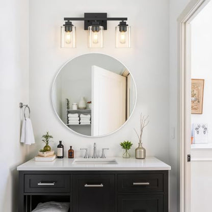 Matte Black Bathroom Vanity Light, 3-Light Modern Vanity Lighting Fixtures Over Mirror with Clear Glass Shade,Square Design,Wall Sconces for Living Room Cabinet Bedroom,E26 Socket - size: 3-Light