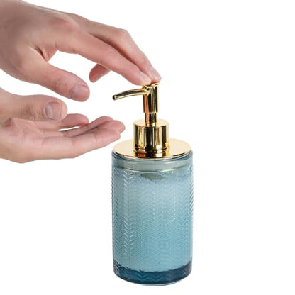 MyGift 4 Pcs Glass Bathroom Accessories Set with Toothbrush Holder, Soap Dish, Pump Dispenser, Tumbler Cup, Blue Bathroom Decor, Modern Embossed Chevron Design