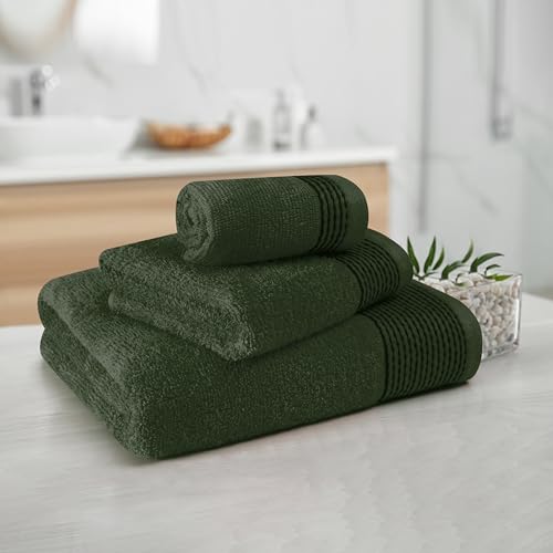 Ultra Soft 3 Pack Cotton Towel Set, Contains a Bath Towel 28x55 inch, a Hand Towel 16x24 inch & a Wash Coth 12x12 inch, Ideal Everyday use, Compact & Lightweight -Olive Green - color: Olive Green, size: 3 Pack Set