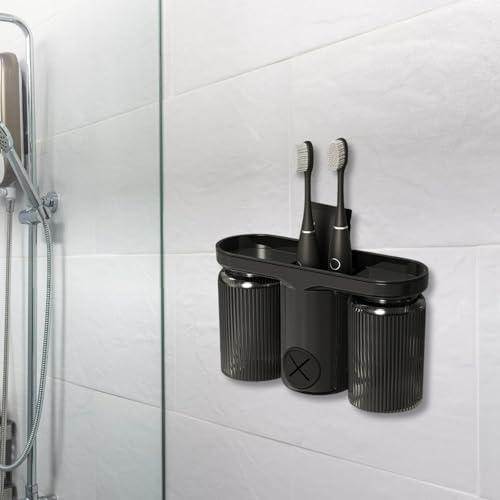 Generic Wall Mount Toothbrush Holder with Double Cup and Toothpaste Dispenser, No-Drill Bathroom Organizer with Towel Hanger, Black Plastic Toothbrush Storage Rack for Home and Travel