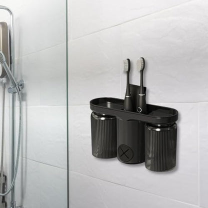 Generic Wall Mount Toothbrush Holder with Double Cup and Toothpaste Dispenser, No-Drill Bathroom Organizer with Towel Hanger, Black Plastic Toothbrush Storage Rack for Home and Travel