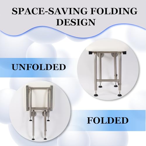 Padded Folding Shower Seat with Legs - Wall Mount Bench for Inside Shower / Bathroom Safety Assist / 304 Stainless Steel / Marine Vinyl / 34.5" x 16" - size: 34.5 x 16"