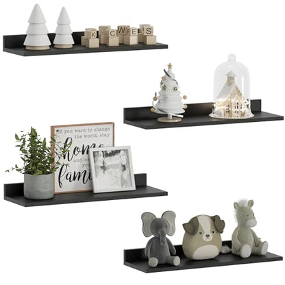 Floating Shelves, Wall Mounted Shelves for Room Decor, Modern Display Shelf for Bedroom, Sturdy Bathroom Storage Shelves, Book Shelves for Living Room, Black Small Corner Shelves, Set of 4