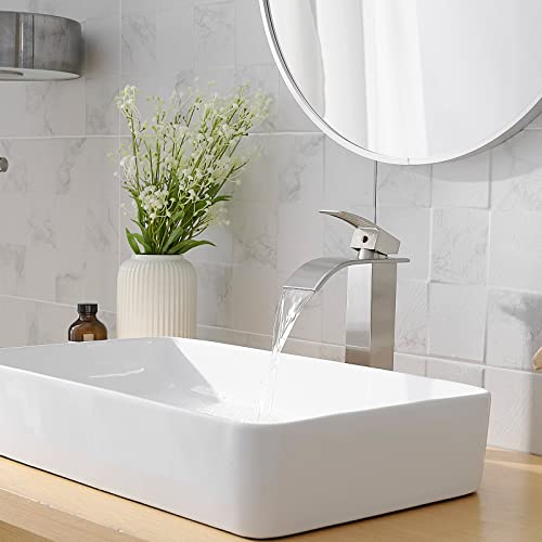 Brushed Nickel Bathroom Vessel Sink Faucet Modern Waterfall Vessel Faucet | Stainless Steel Tall 1 Hole Single Handle Vanity Lavatory Modern Commercial Mixer Tap With Pop Up Drain by BATHLAVISH - color: Brushed Nickel, size: Modern Vessel Sink Faucet