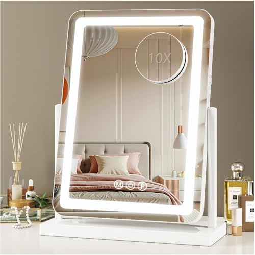 Vanity Mirror with Lights, 18"x13" Hollywood Lighted Makeup Mirror for Tabletop & Bedroom 3 Color Lighting Modes Smart Touch Control 360° Rotation Detachable - size: 18"L x 13"W