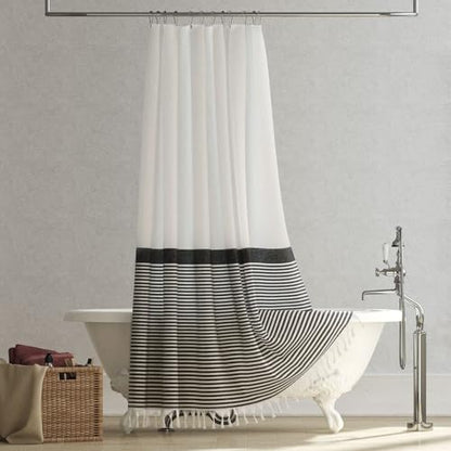 Stall Fabric Shower Curtain - 54x78 Modern Farmhouse Black and White Boho Striped Cloth Shower Curtain with Tassels, Hotel Luxury Bathroom Shower Curtain Set with 10 Hooks - color: Black, size: 54"W x 78"L (Pack of 1)