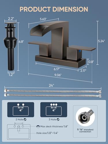 Cobbe Waterfall Bathroom Faucets 3 Hole, Oil Rubbed Bronze Bathroom Sink Faucet Square 4 Inch Centerset with Pop-Up Drain, 2 Handle and 2 Supply Hoses, Lead-Free Stainless Steel for Vanity Sink Rv - color: Oil Rubbed Bronze, size: 4 Inch Centerset