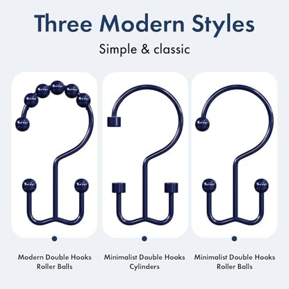 Bathway Shower Curtain Hooks Blue Shower Curtain Rings, 12 Pcs Double Hook Shower Curtain Hooks Rings Shower Curtain Hangers Rust Proof, Metal Shower Hooks for Bathroom Shower Curtain Rod - color: Blue, style: Minimalist