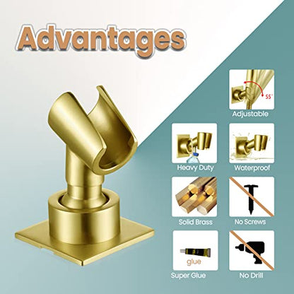 Shower Head Holder Handheld Shower Wand Holder Adjustable Shower Head Bracket Shower Wall Mount Holder, Brushed Brass/Gold Finish, Drill Free Glue Installation - color: Brushed Gold