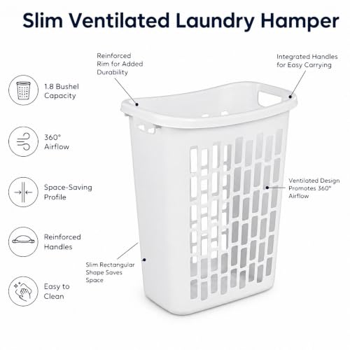 Bushel Laundry Hamper, Slim Rectangular Ventilated Clothes Basket(1Pack) | Space-Saving Design, Ventilation Cutouts, Dual Carry Handles, Moisture-Resistant, Dorm & Bathroom Use