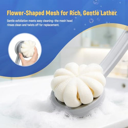 Long Handled Flower Loofah Sponge for Back, Back Scrubber Brush for Shower, Loofah Sponge on a Stick for Men,Women,Elderly - size: 1 Count (Pack of 1)