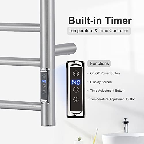 Towel Warmer with Built-in Timer ETW44-2S for Bathroom Wall Mounted Bath Towel Heater Plug-in Electric Heated Towel Rack Brushed