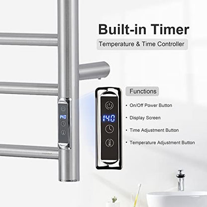 Towel Warmer with Built-in Timer ETW44-2S for Bathroom Wall Mounted Bath Towel Heater Plug-in Electric Heated Towel Rack Brushed