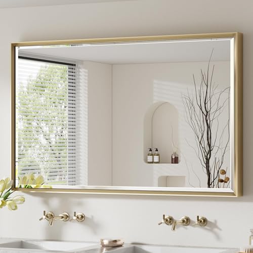 48 x 30 Gold Bathroom Mirror, Brushed Gold Beveled Bathroom Mirror, Shatterproof Large Gold Frame Rectangle Mirror, Brushed Brass Gold Framed Vanity Mirror Vertical/Horizontal Wall-Mounted - color: Brushed Gold, size: 30"L x 48"W
