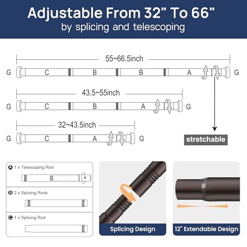 ENJOYBASICS 2 Pack Tension Curtain Rod, 32-66" Adjustable, Stable, Bronze | Secure Hold with Strong Spring & Non-Slip Ends, No-Drill, No Tools, Sag-Resistant, Waterproof, Fits Windows, Showers & Closet - color: Bronze, size: 32-66"