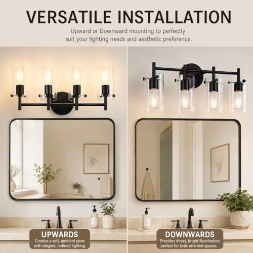 Matte Black 4 Light Bathroom Vanity Light Fixtures, Industrial Rust-Proof Bathroom Lights Over Mirror with Clear Glass Shade, Modern Wall Sconce Wall Mounted Damp Rated E26 Base