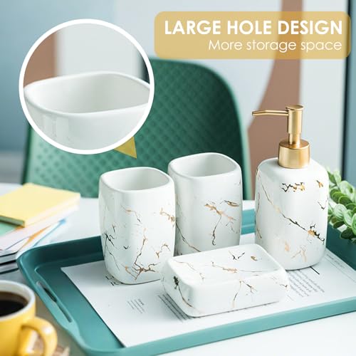 Marble Bathroom Accessories Set, 5 Pieces Ceramic Bathroom Accessories Set with Bathroom Soap and Toothbrush Holder Set Soap Dispenser, 2 Mouthwash Cups, Modern Bathroom Accessory Set